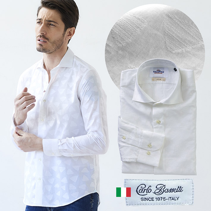 SALE　 イタリアシャツ　日本製　イタリア生地　メンズシャツ　ジャガード　セミワイド　CarloBassetti 300663 GALLIPOLI  camiceria(ガリポリカミチェリア)