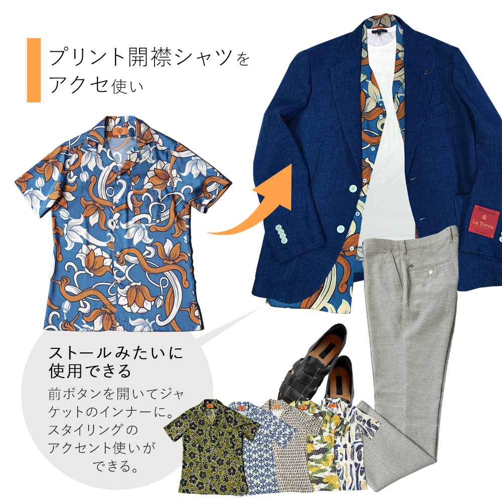 レトロヴィンテージプリントオープンカラーショートスリーブシャツ 