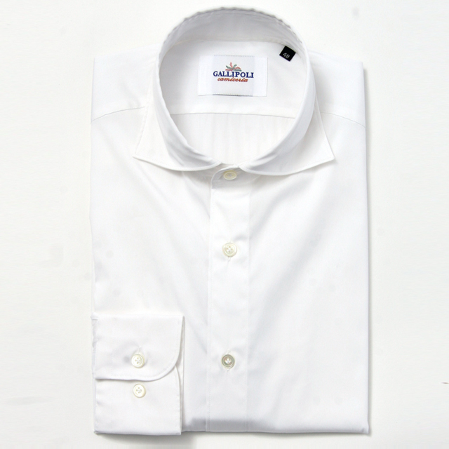 GALLIPOLIイタリア製無地ホワイト無地カッタウェイ長袖ストレッチカジュアルシャツ  550661-108